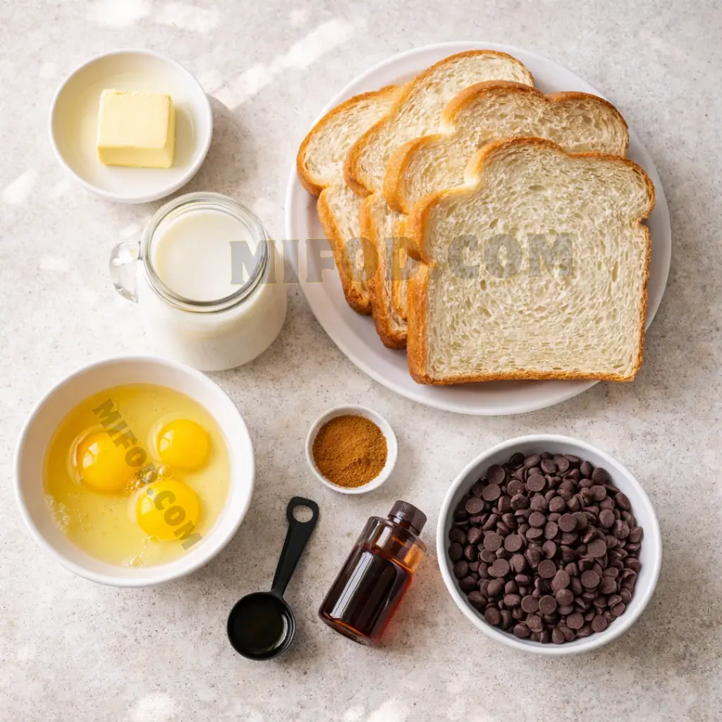 Ingredients for chocolate chip French toast recipe on kitchen counter