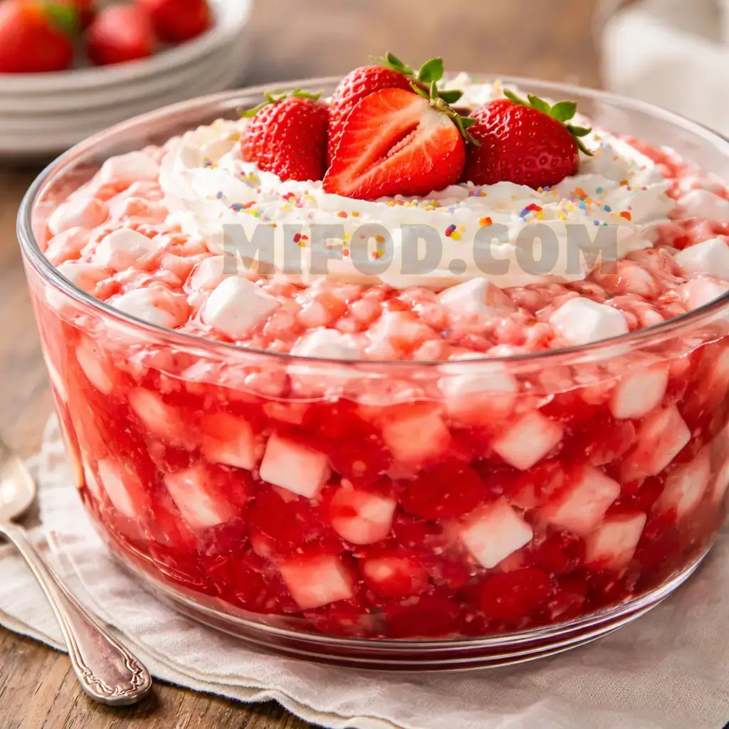 Classic strawberry jello and marshmallow recipes fluff salad in glass dish