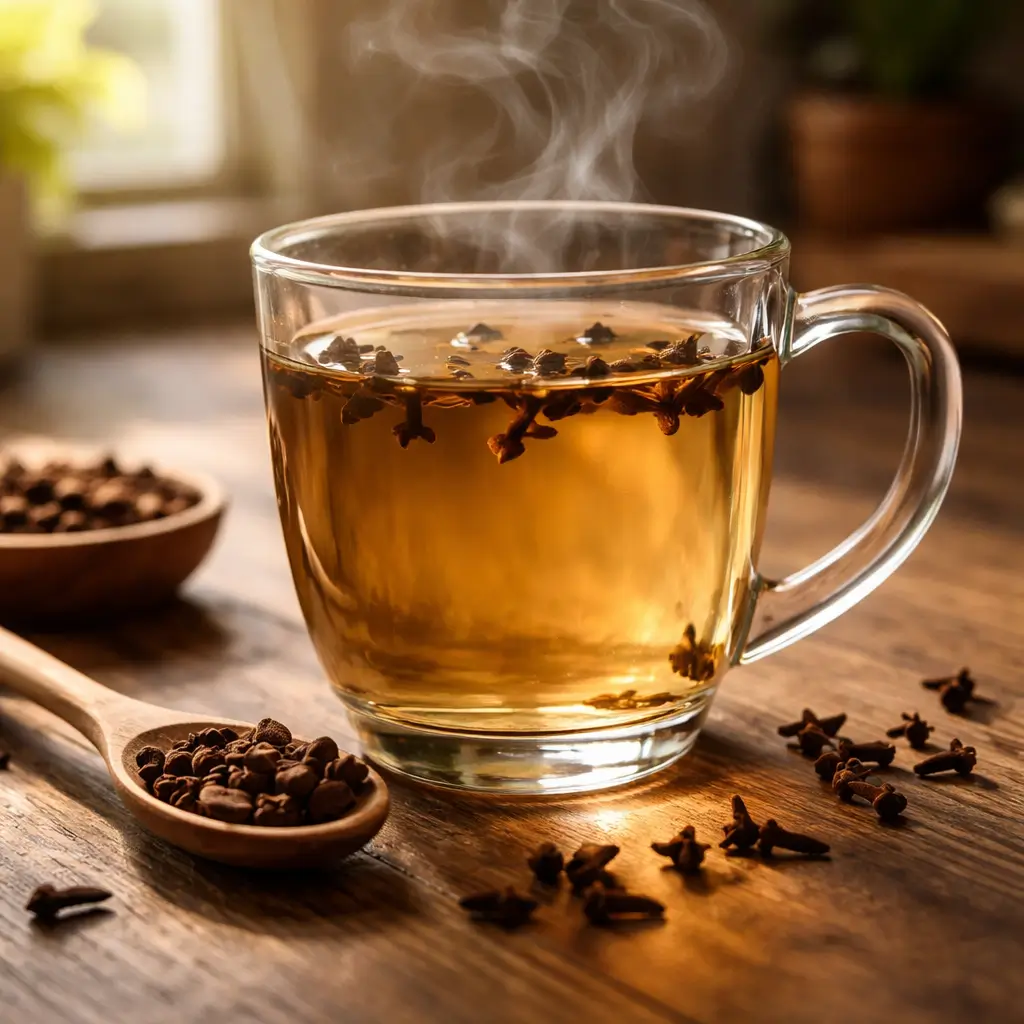 Warm homemade clove water recipe in a clear glass mug with whole cloves