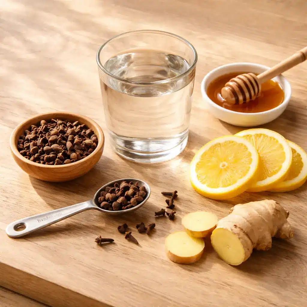 Ingredients for clove water recipe including whole cloves and water