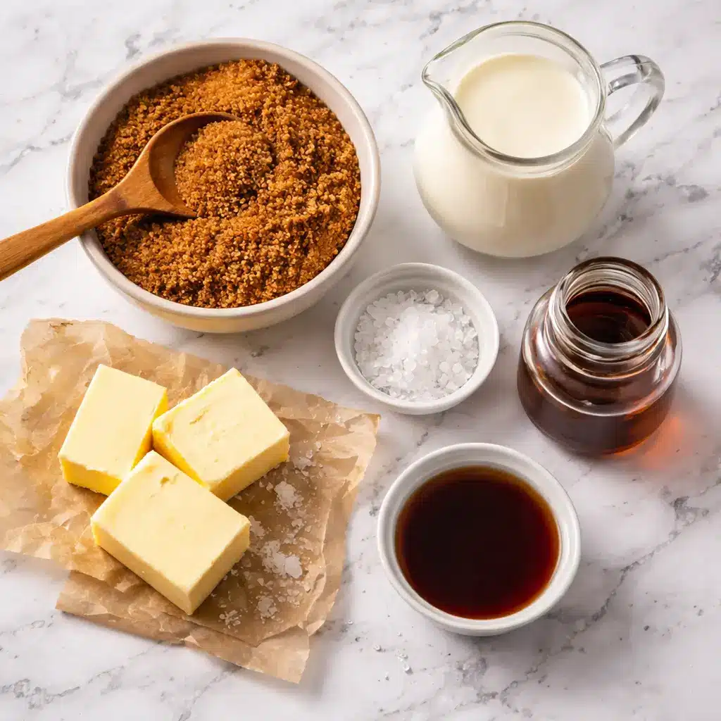 Ingredients for coconut sugar caramel sauce recipe on kitchen counter