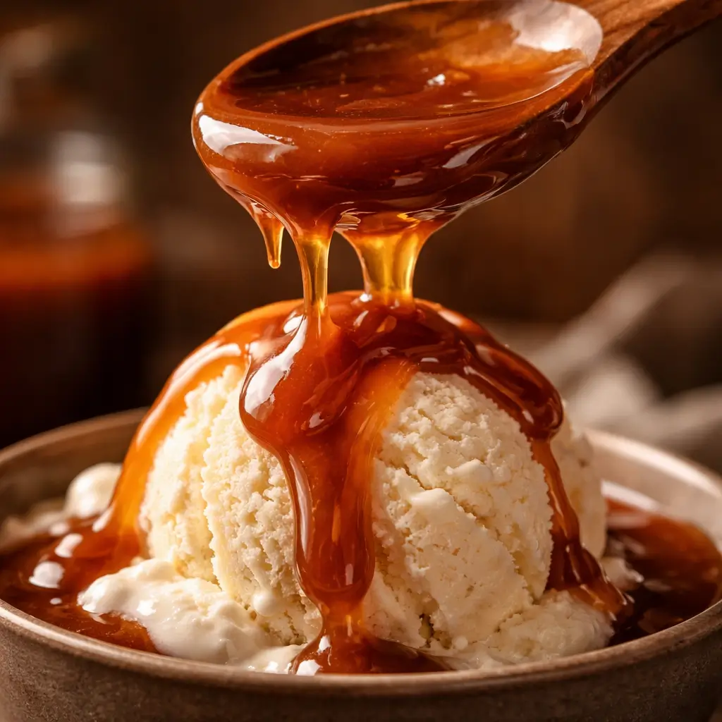 Thick coconut sugar caramel sauce dripping over vanilla ice cream
