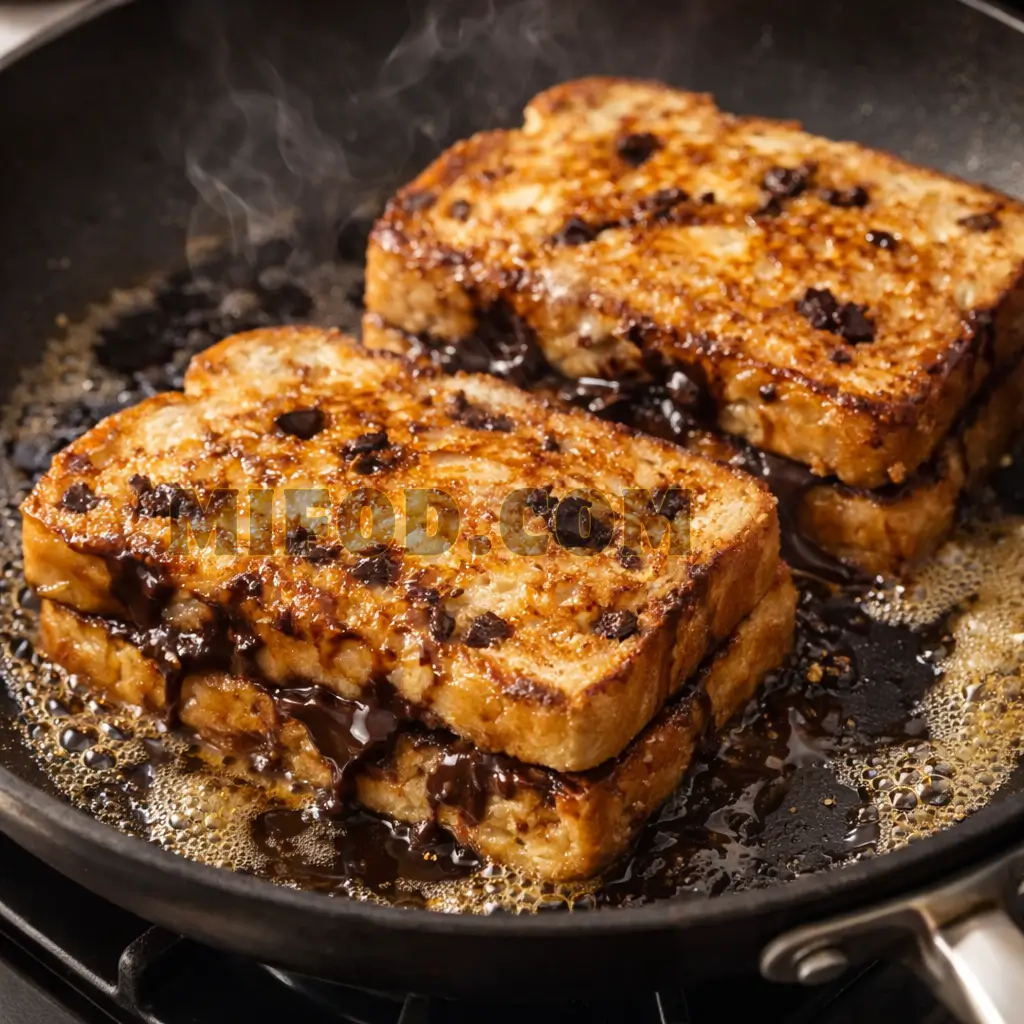 Chocolate chip French toast cooking in skillet with melted chocolate