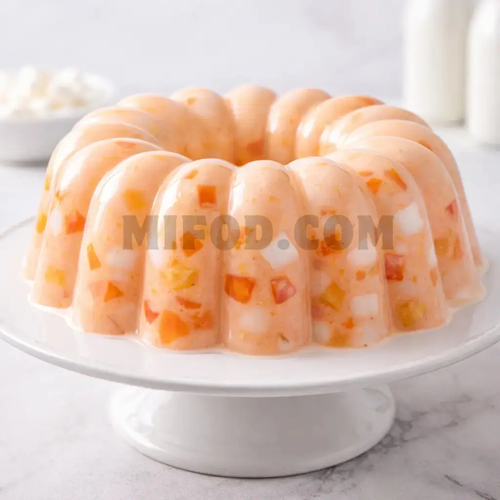 Creamy jello mold with marshmallows and fruit in bundt shape