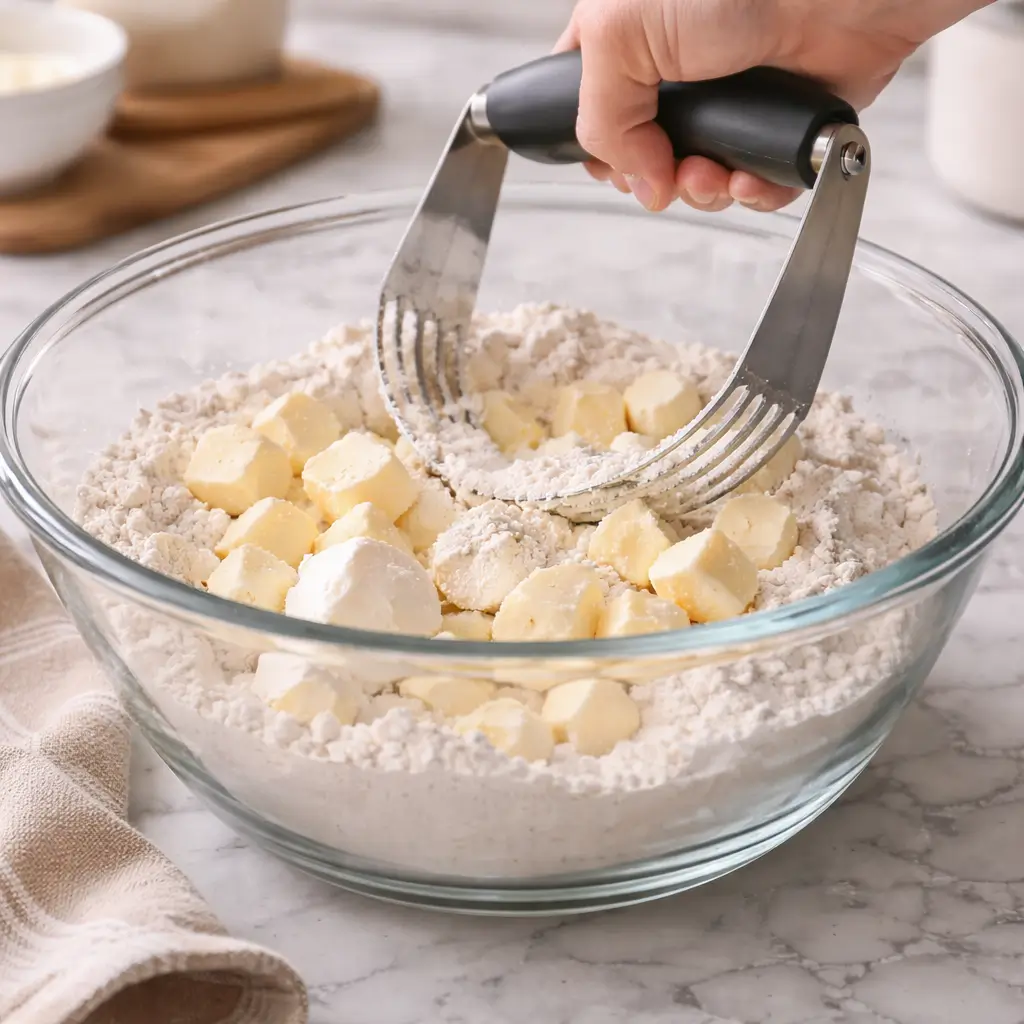 Cutting butter into flour for pie crust dough