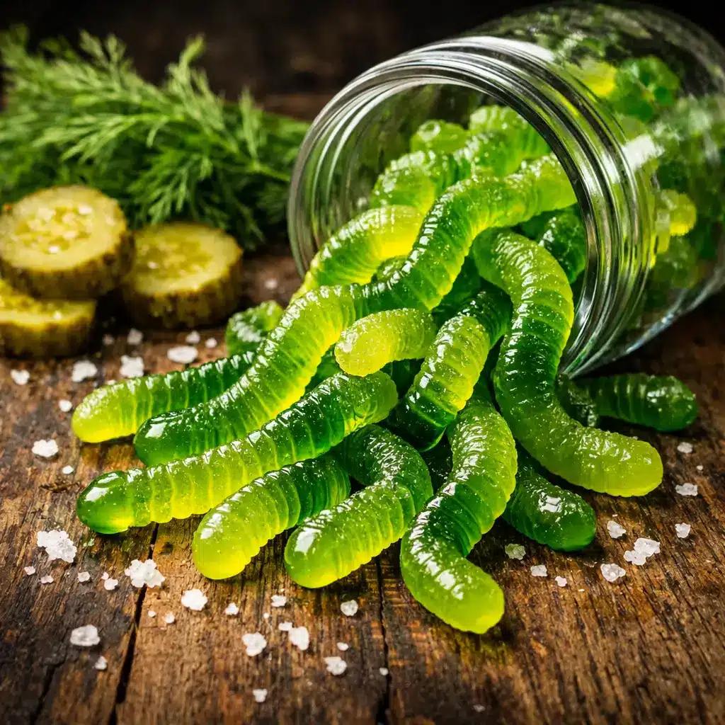 Dill pickle gummy worms candy with sweet and sour flavor