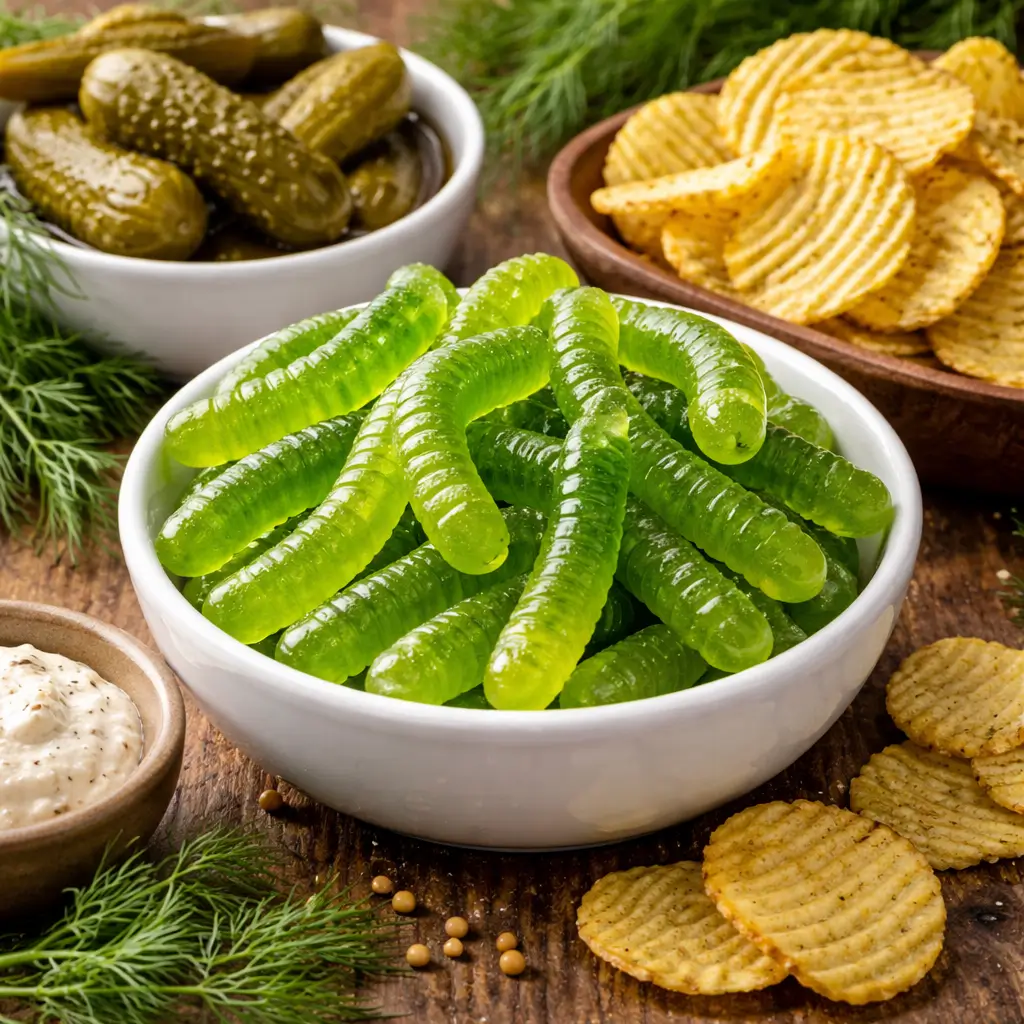 Dill pickle gummy worms served as a snack