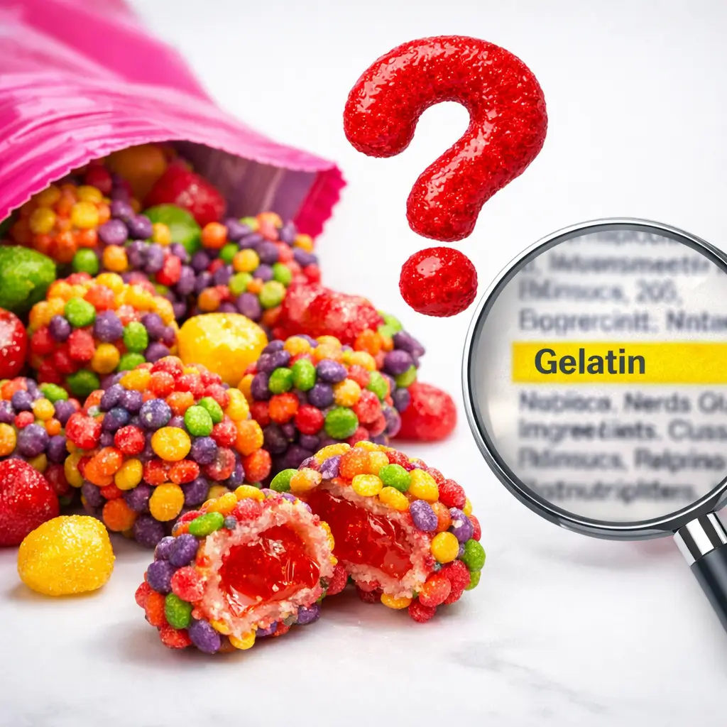 Do Nerds Gummy Clusters have gelatin ingredient close-up with cut open candy