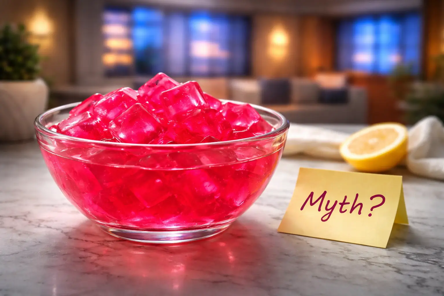 Pink gelatin dessert in glass bowl with blurred talk show background and “Myth?” note