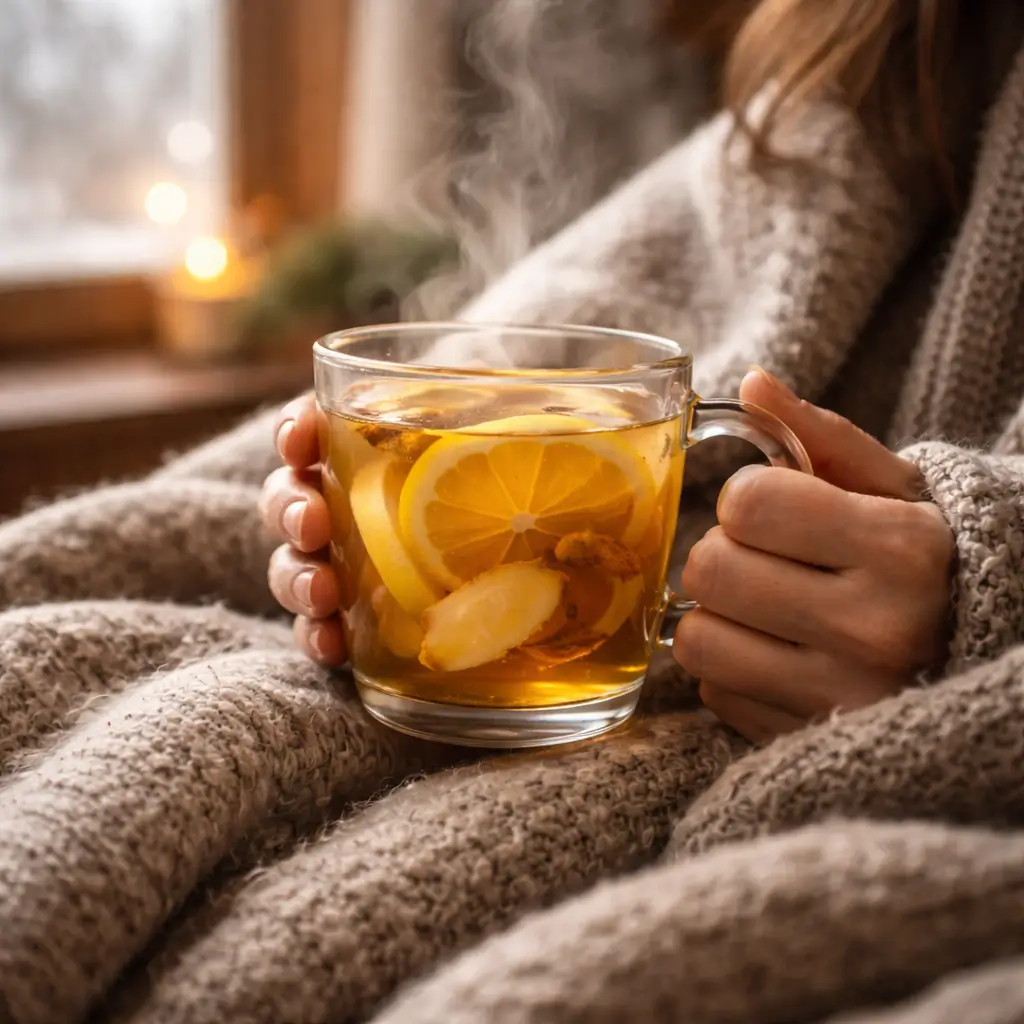 Drinking a warm homemade flu bomb drink during cold season