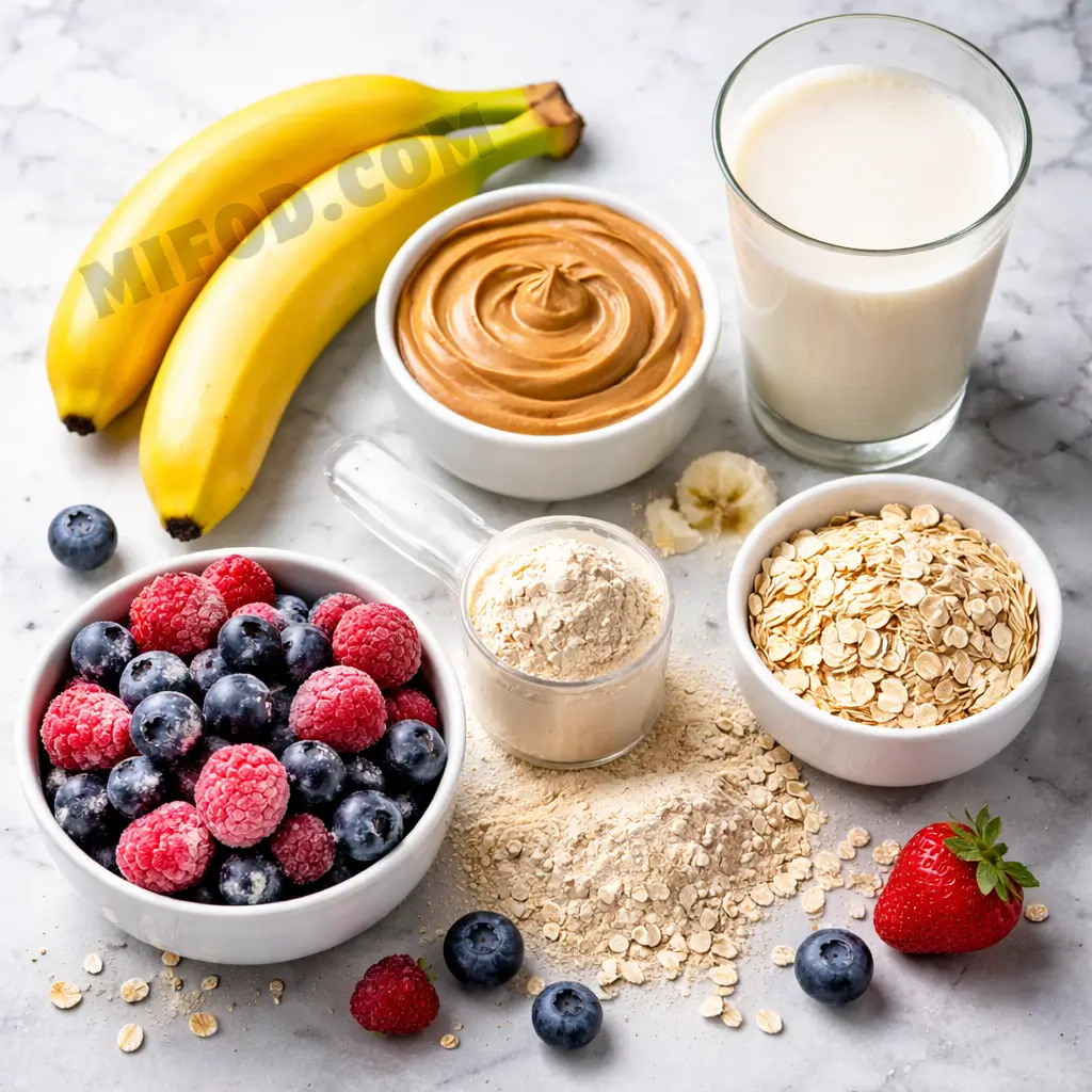 Ingredients for dude perfect smoothie recipe including banana peanut butter and protein powder
