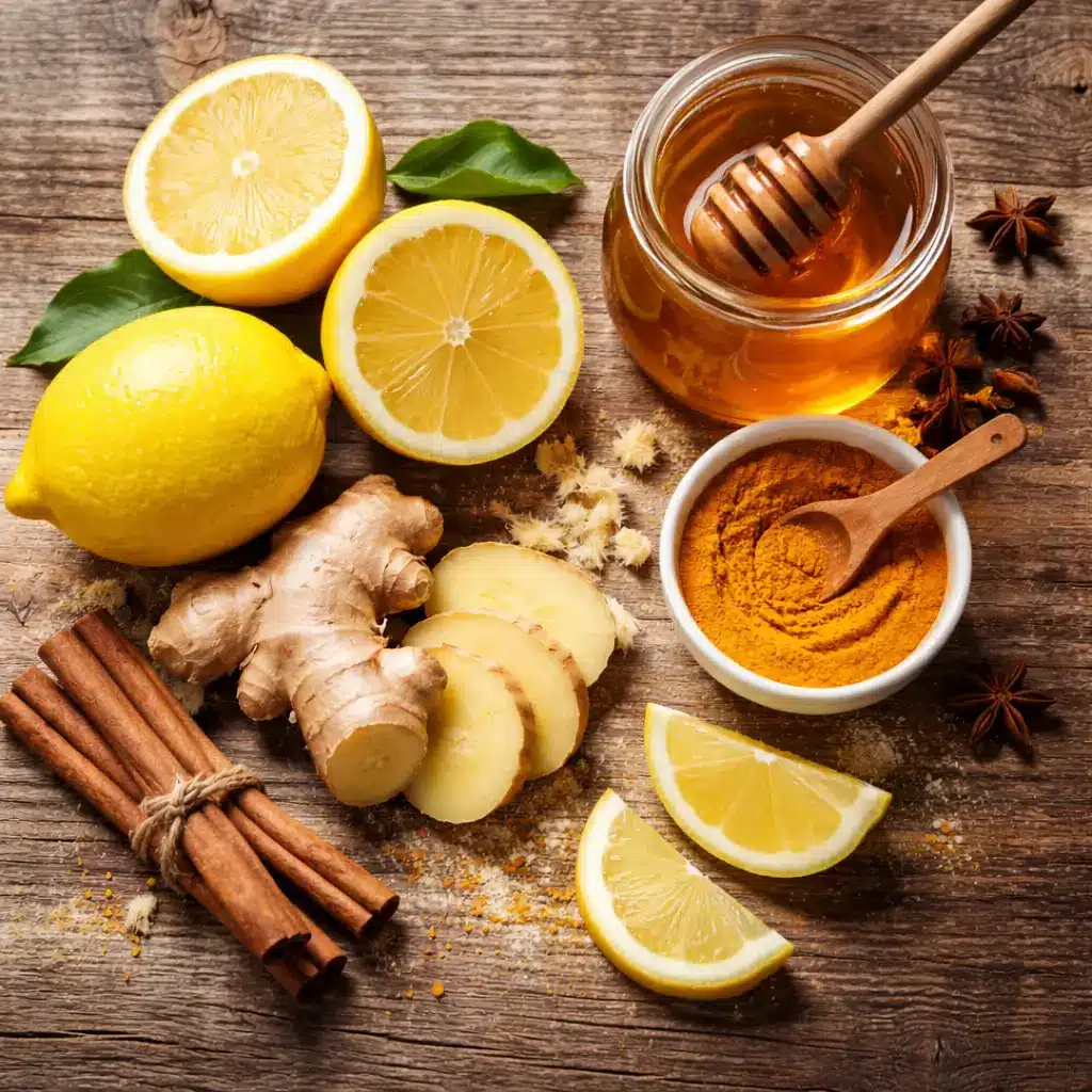Ingredients for homemade flu bomb drink including lemon, ginger, and honey