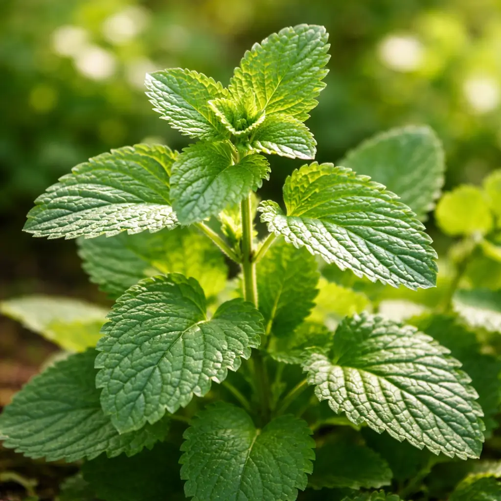 Fresh lemon balm plant growing outdoors in natural sunlight