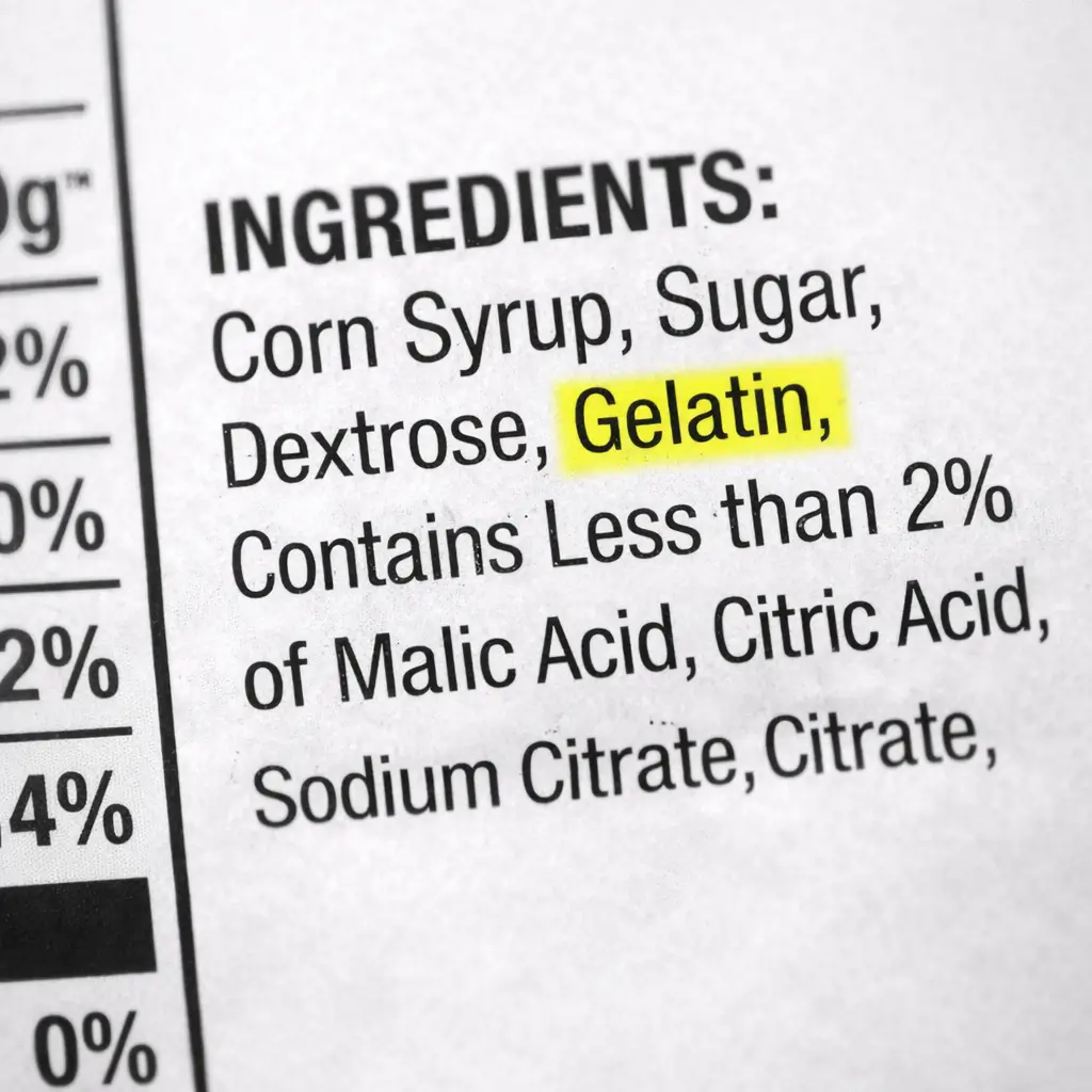 Candy ingredient label showing gelatin without animal source