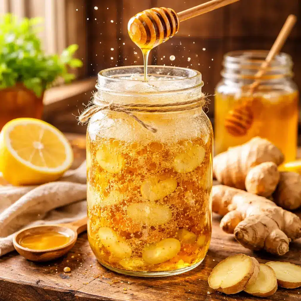 ginger bug recipe with honey fermenting in glass jar with bubbles