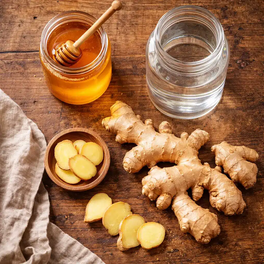 ingredients for ginger bug recipe with honey including raw honey and fresh ginger