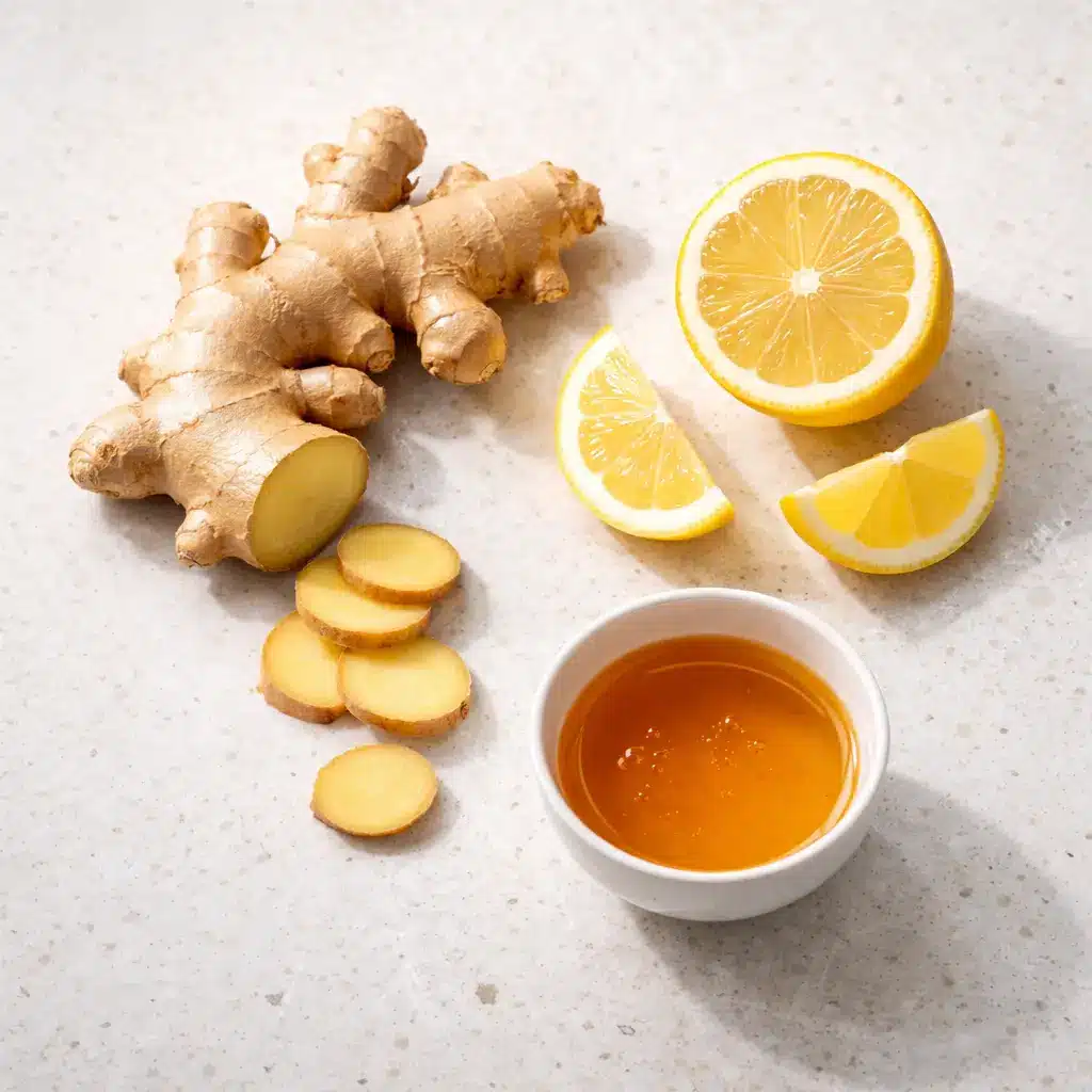 Fresh ginger, lemon, and honey ingredients on a kitchen surface
