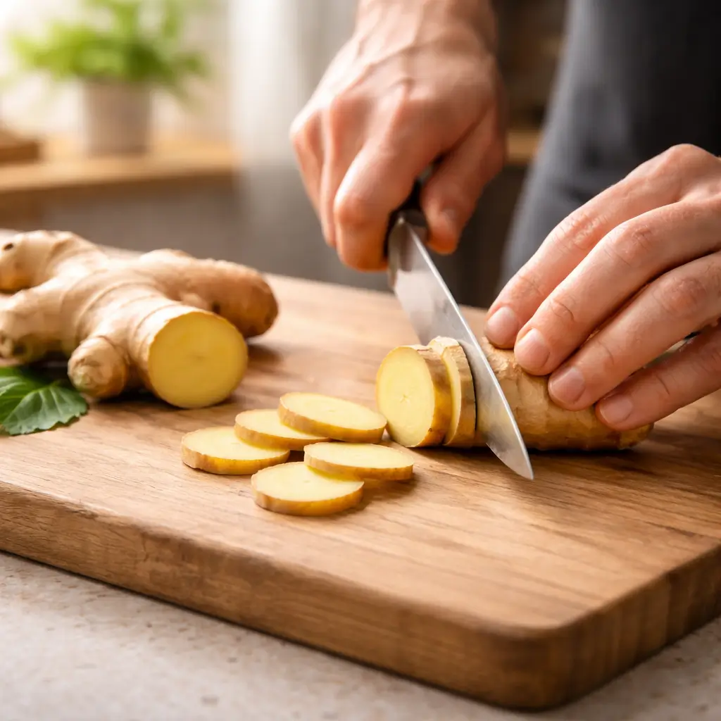 Slicing fresh ginger root for a homemade ginger preparation