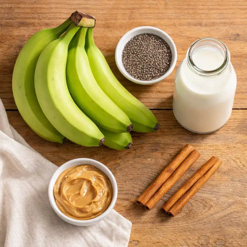 Ingredients for green banana trick recipe laid out on table