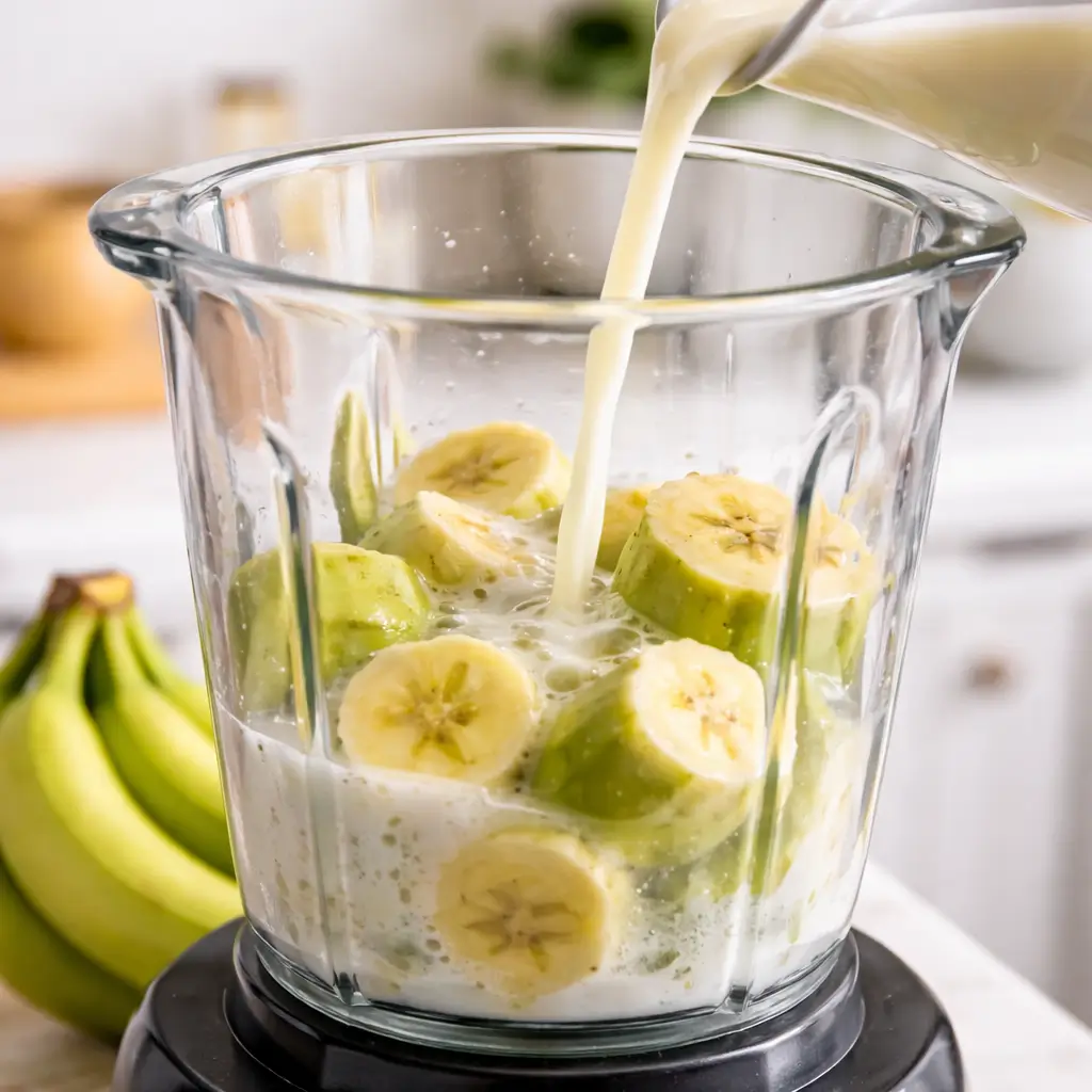 Blending green banana smoothie in kitchen blender