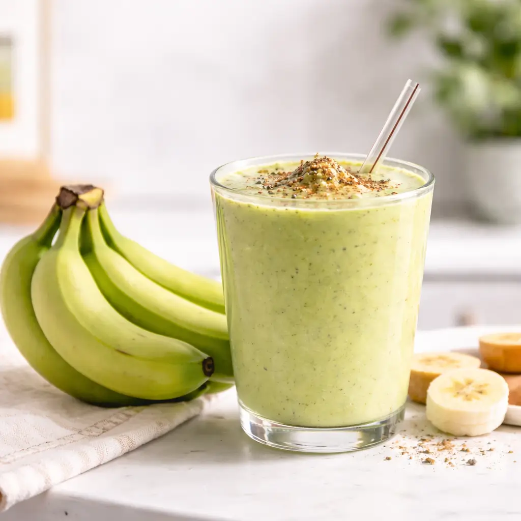Green banana smoothie with fresh green bananas on kitchen counter