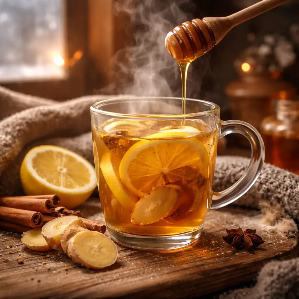Homemade flu bomb drink with lemon, ginger, and honey in a steaming mug