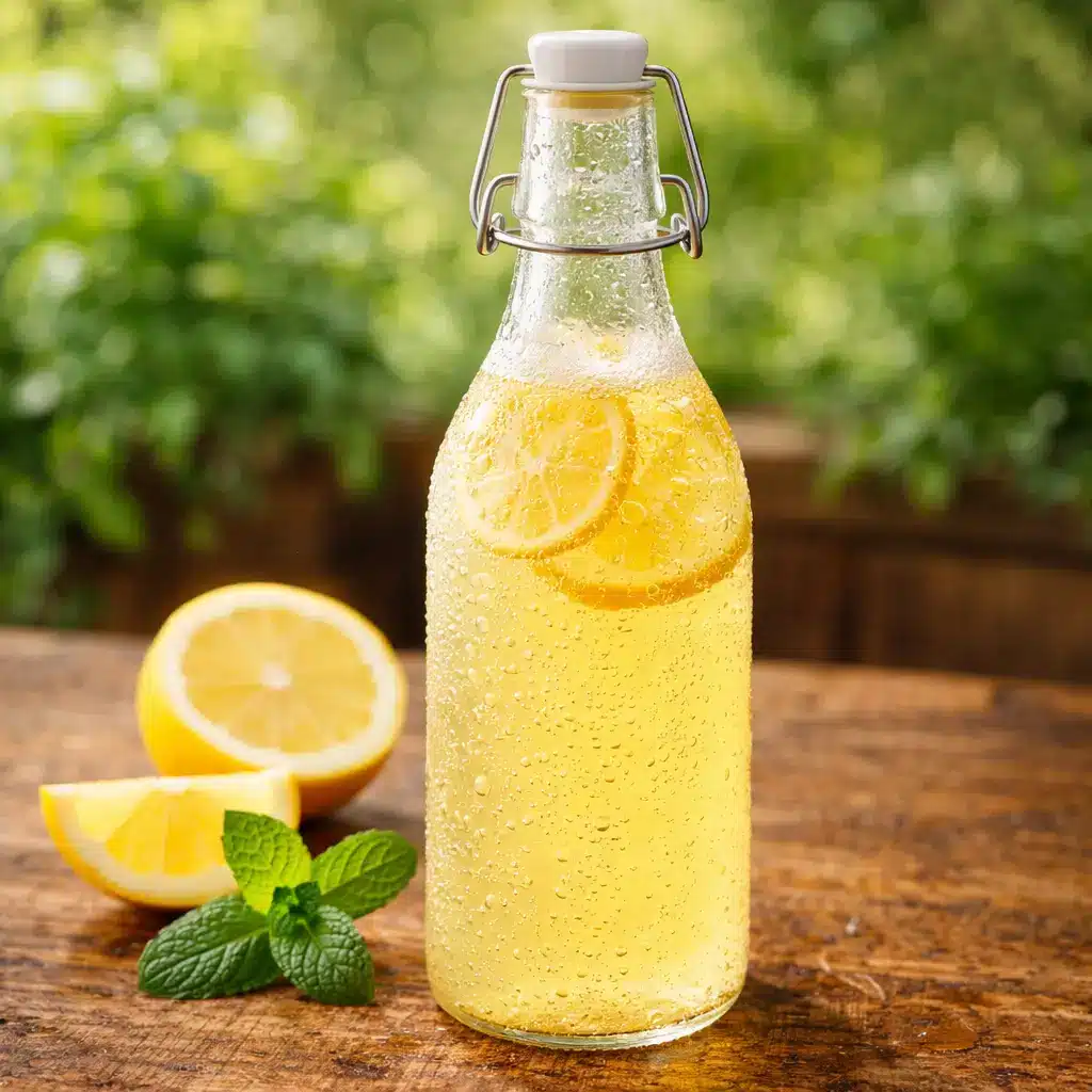 homemade soda made with ginger bug recipe with honey in glass bottle