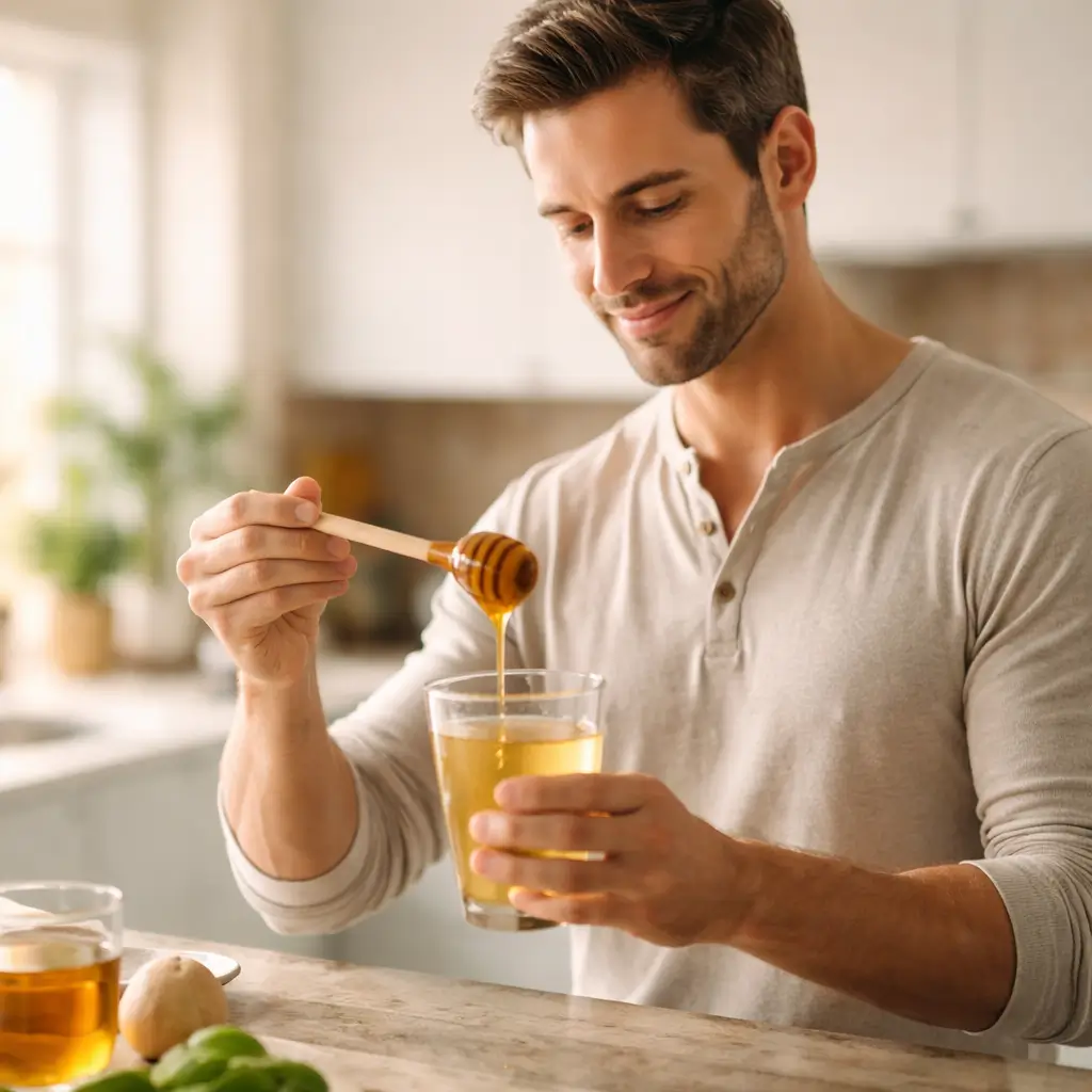 Honey trick for men recipe made with raw honey and warm water in a modern kitchen