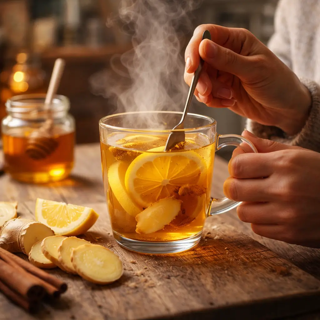 Making a homemade flu bomb drink in a kitchen