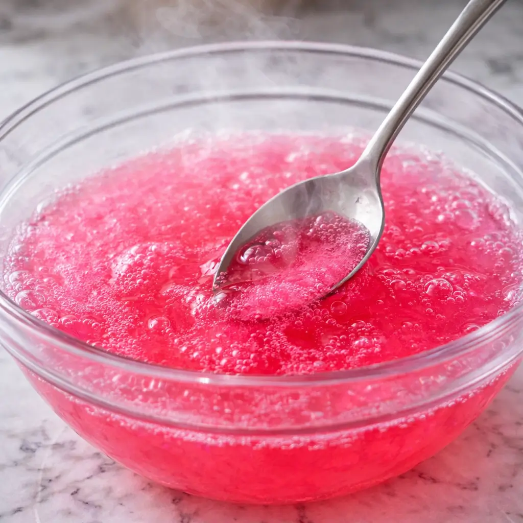 Dissolving pink gelatin powder in hot water