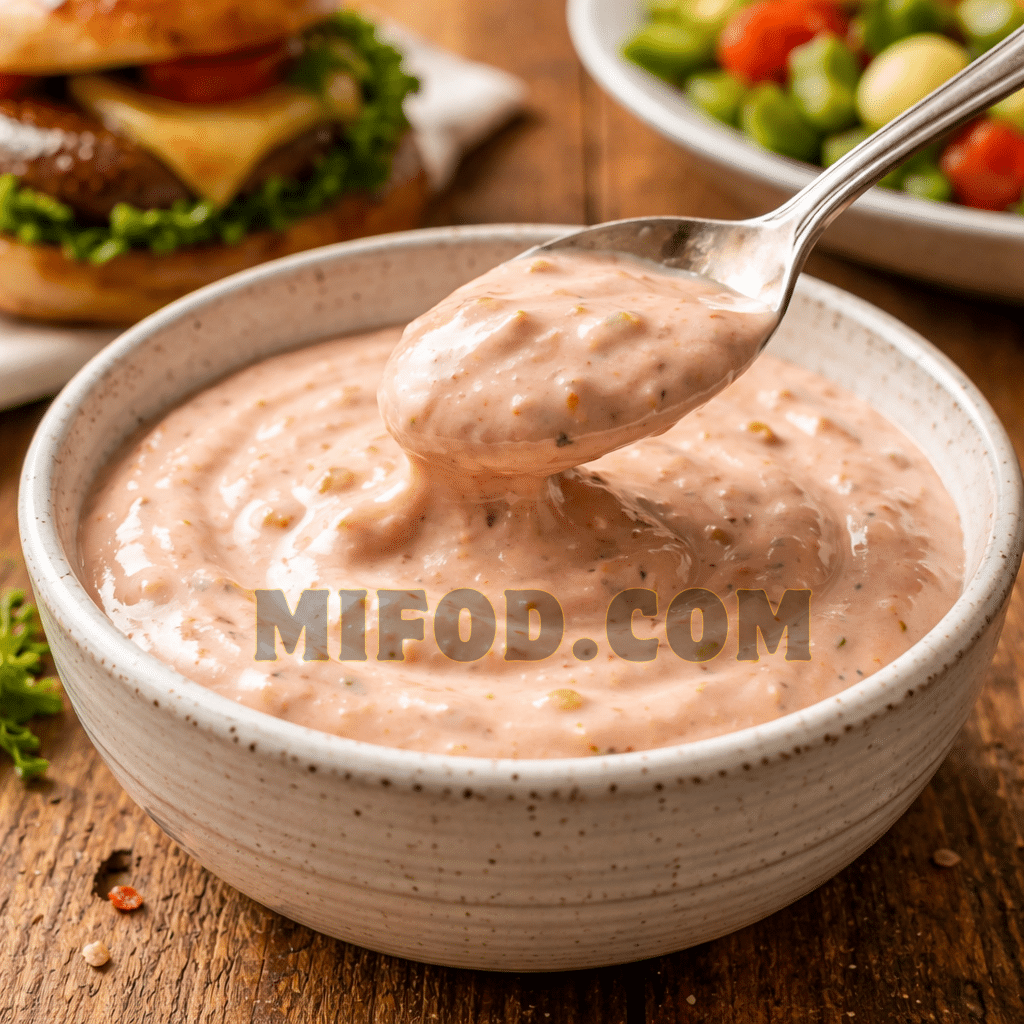Homemade Thousand Island dressing inspired by Ree Drummond served in a rustic bowl