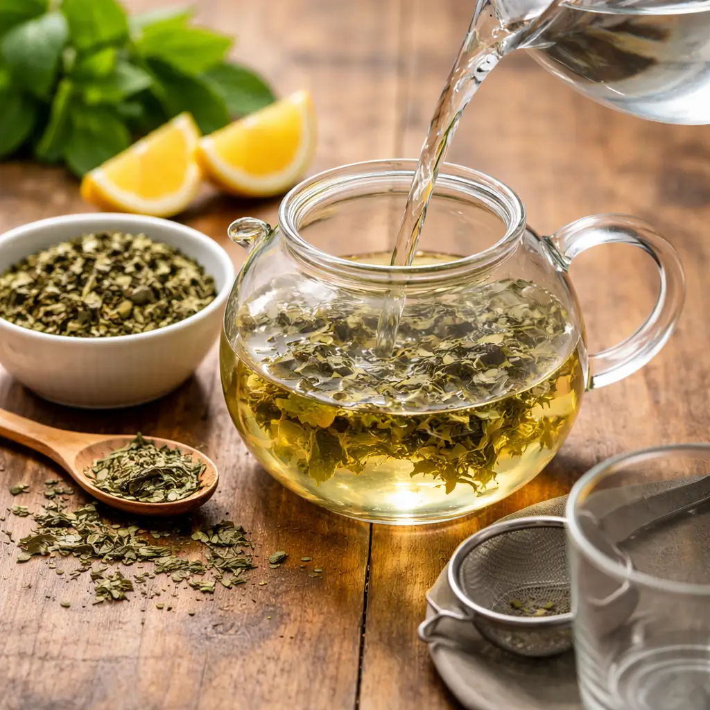 Preparing lemon balm tea with dried herbs and hot water