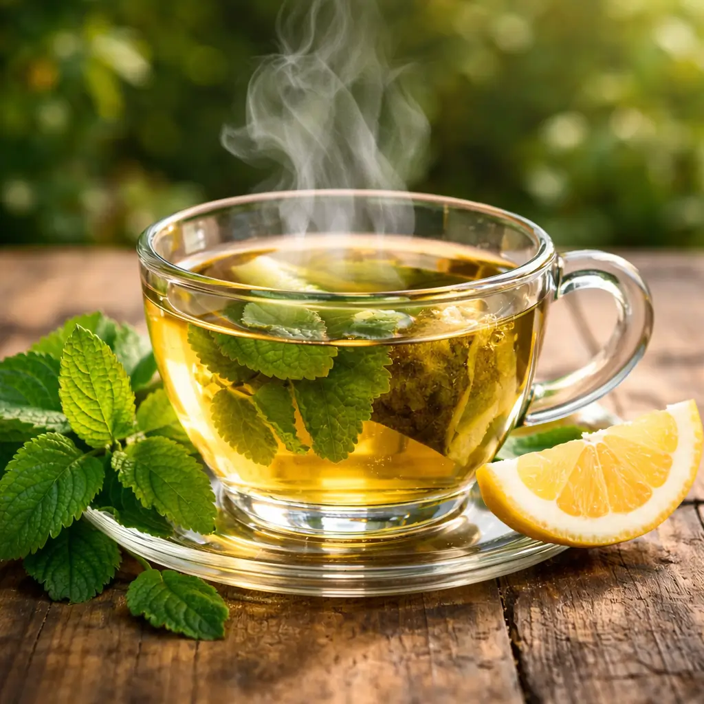 how to use lemon balm correctly for weight loss Fresh lemon balm tea in a glass cup with green leaves for weight loss support
