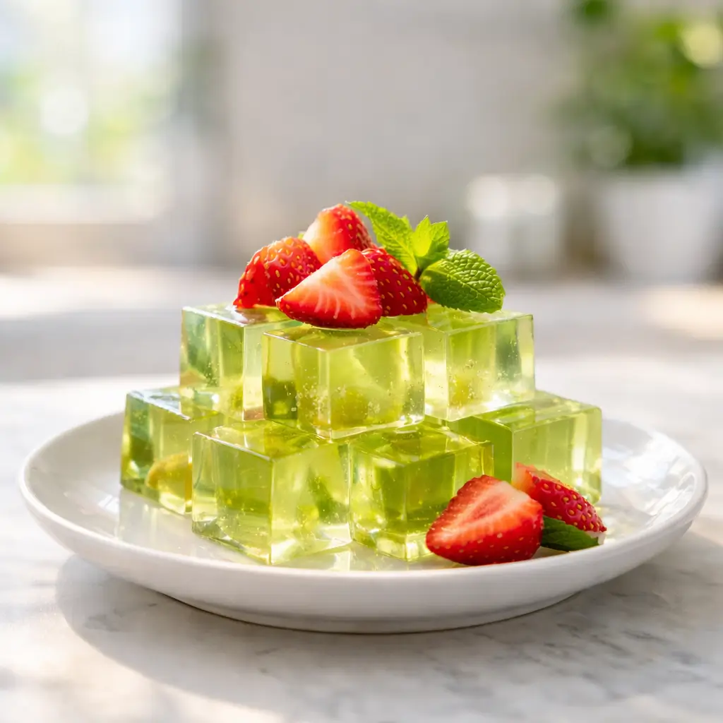 Japanese jello weight loss recipe made with agar jelly and fresh strawberries