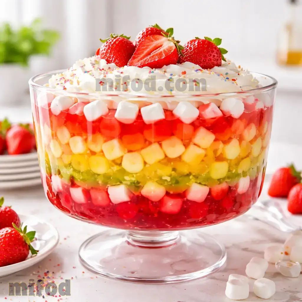Colorful layered jello and marshmallow dessert with whipped cream and strawberries in a glass bowl
