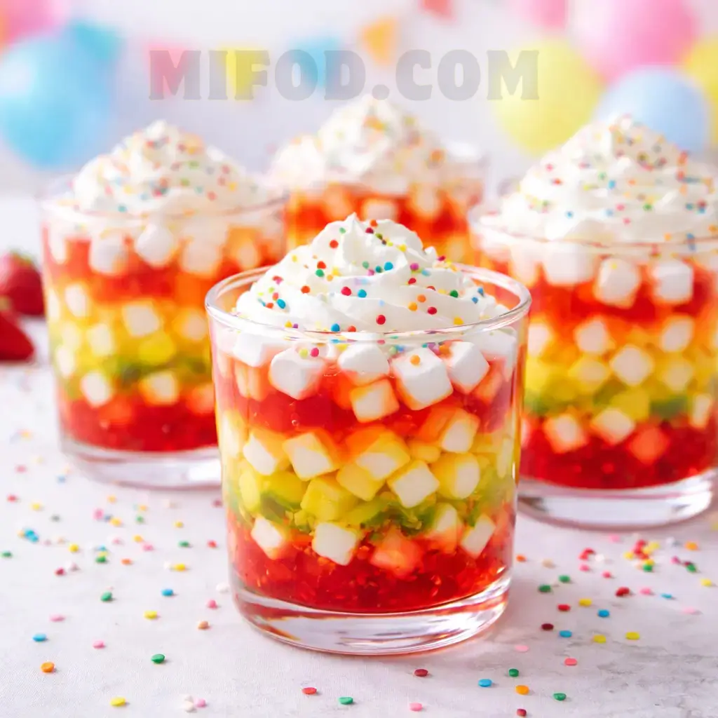 Individual layered jello and marshmallow dessert cups for party