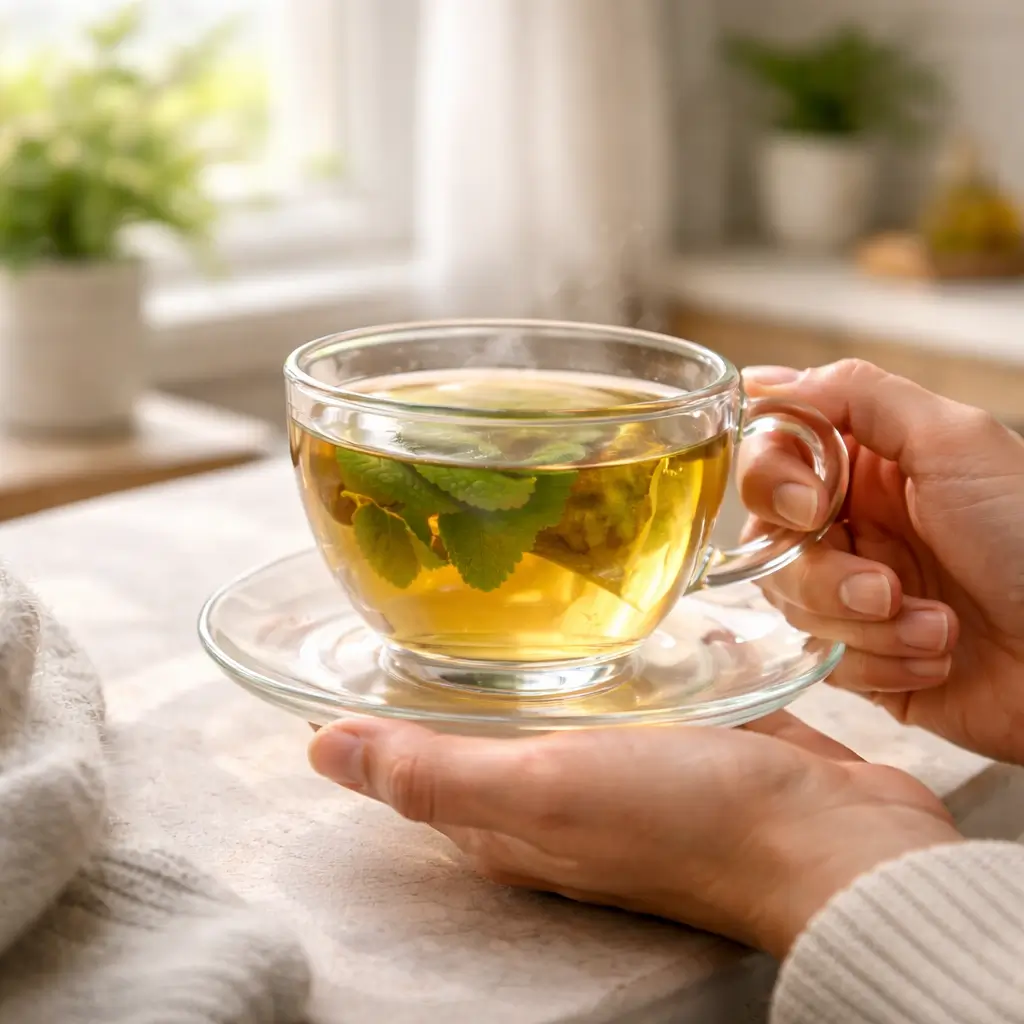Person holding lemon balm tea in a calm home setting