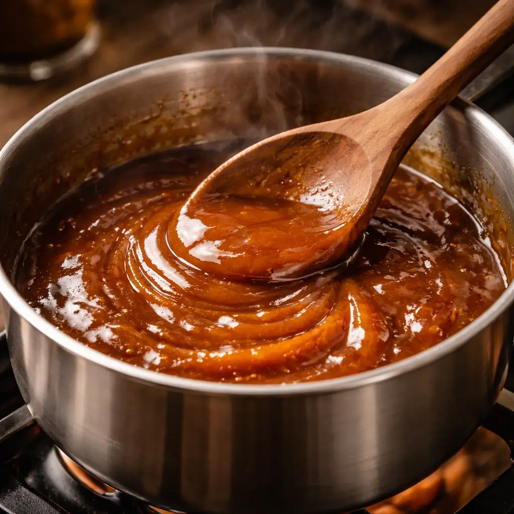 Stirring coconut sugar caramel sauce in saucepan