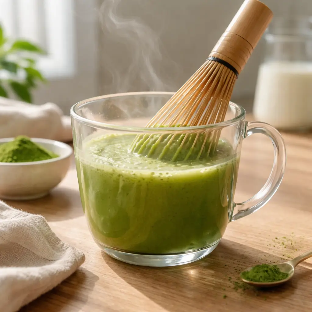 matcha trick recipe prepared smoothly in a glass cup