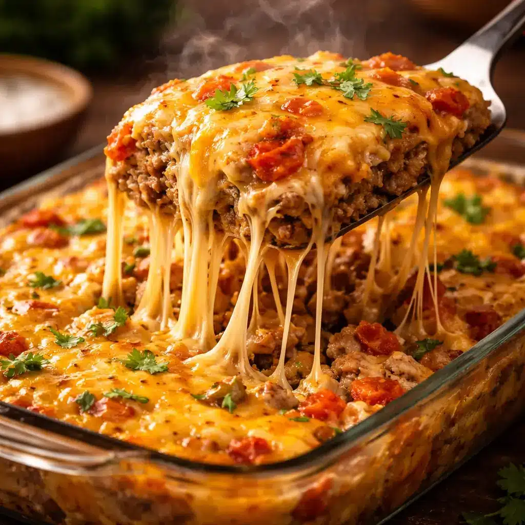 Cheesy Mexican white trash casserole with rotel and dramatic cheese pull