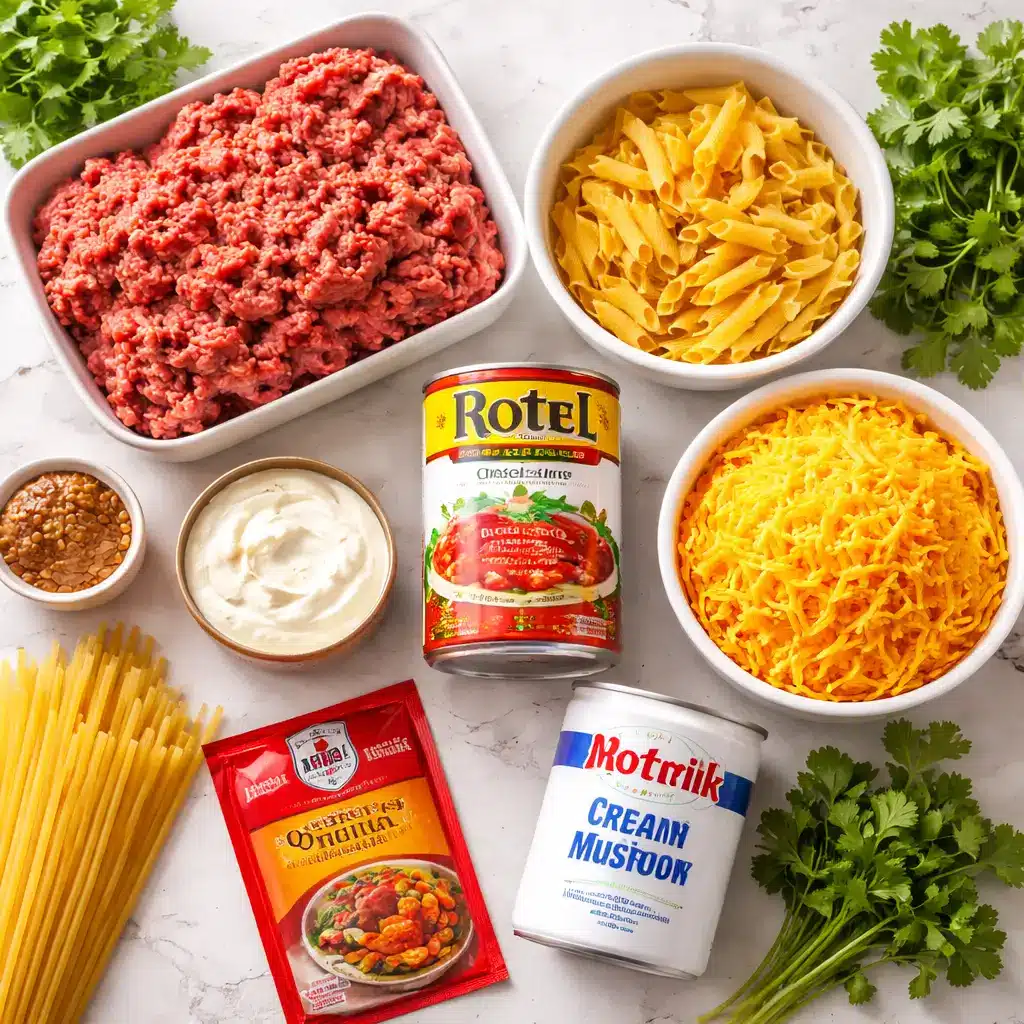 Ingredients for Mexican white trash casserole with rotel on kitchen counter