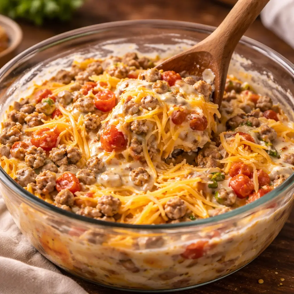 Mixing creamy beef and rotel mixture for casserole