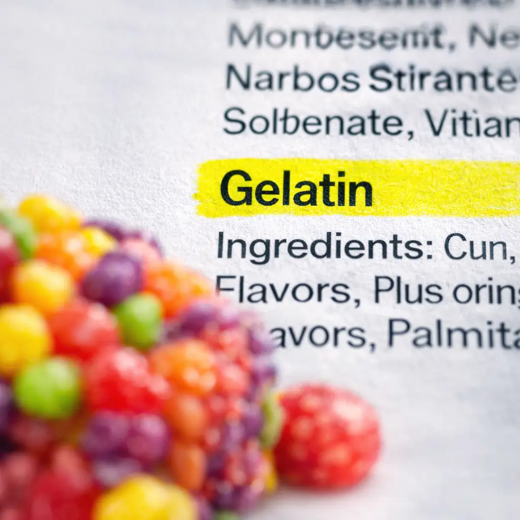 Gelatin highlighted on candy ingredient label