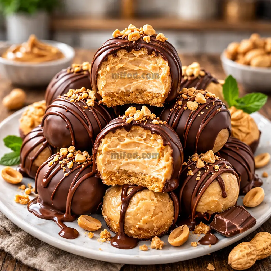 Peanut butter cheesecake balls no bake stacked with chocolate coating and creamy center visible