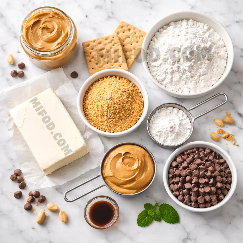 Ingredients for peanut butter cheesecake balls no bake on marble surface
