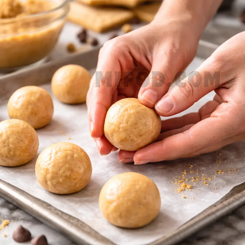 Rolling peanut butter cheesecake balls no bake into round shapes