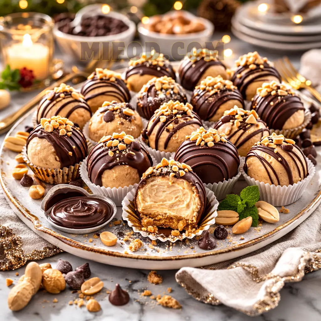 Party platter of peanut butter cheesecake balls no bake with chocolate drizzle