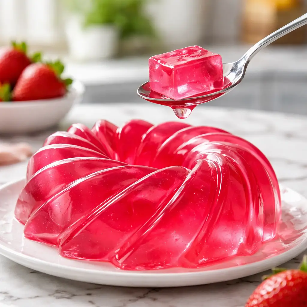 Glossy bright pink gelatin dessert with spoon lifting a jiggly bite