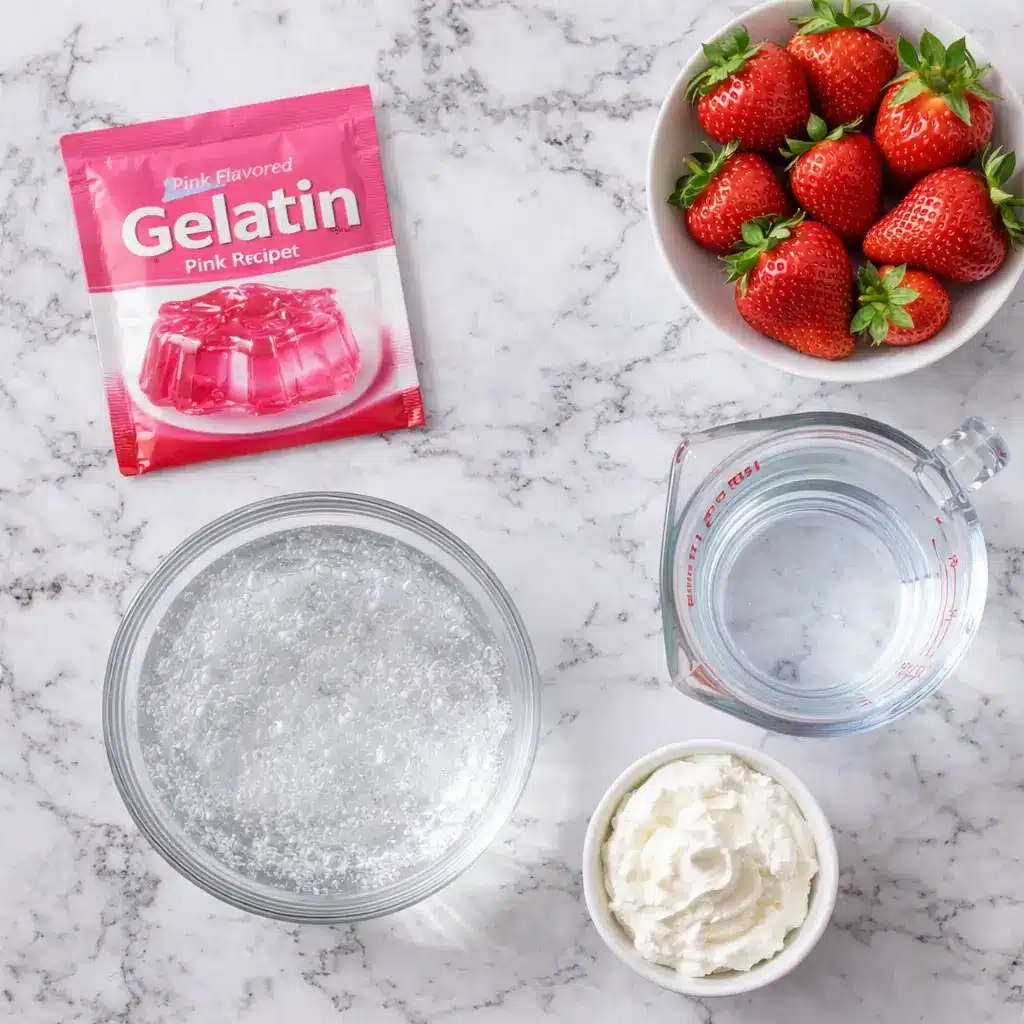 Ingredients for pink gelatin trick recipe on marble counter
