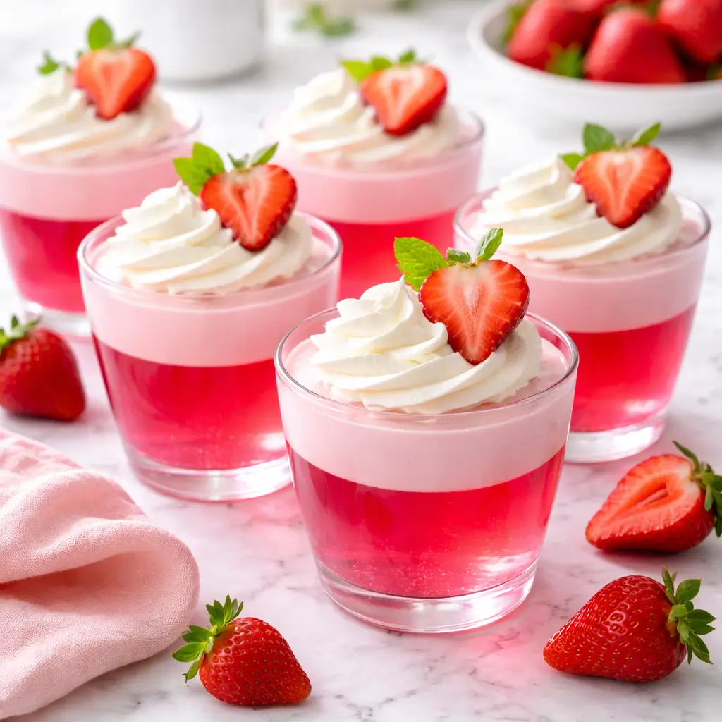Layered pink gelatin trick recipe dessert cups